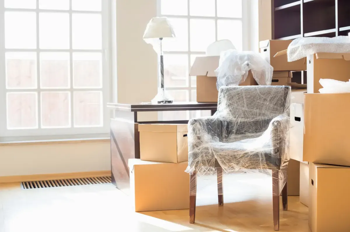 People packing household belongings among boxes