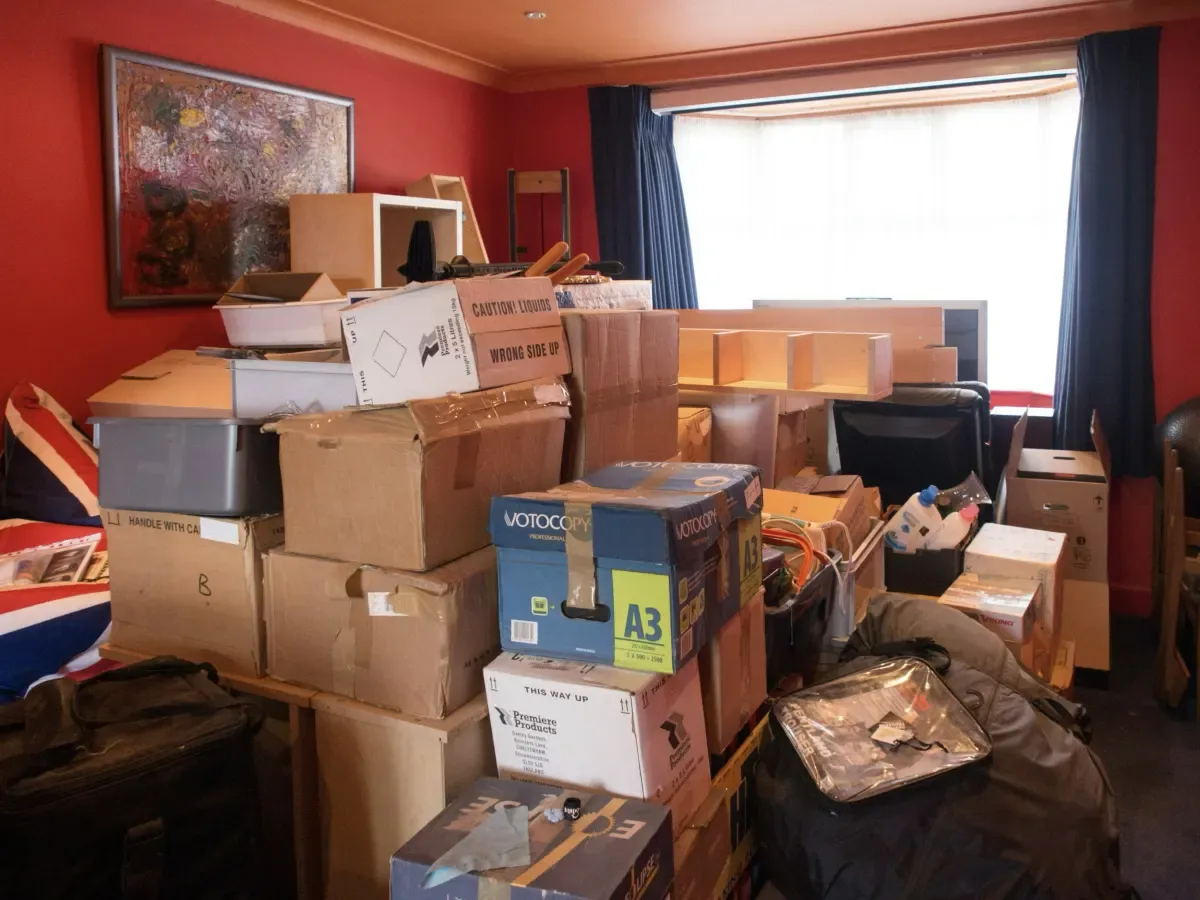 Packed boxes and furniture in a living room