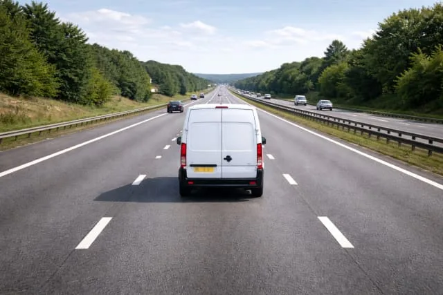 White moving van travelling on a UK motorway
