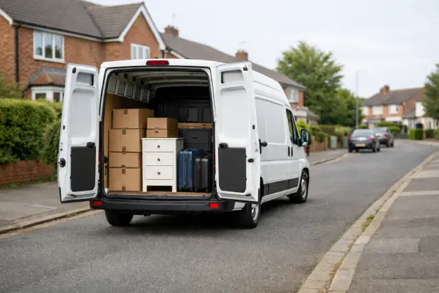 Packed moving van parked on a residential street