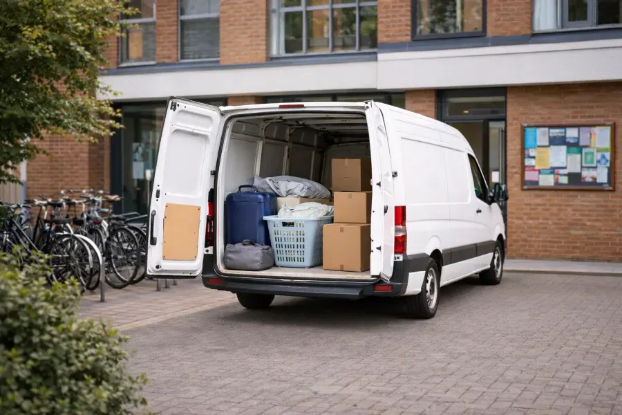 Open moving van parked beside campus buildings