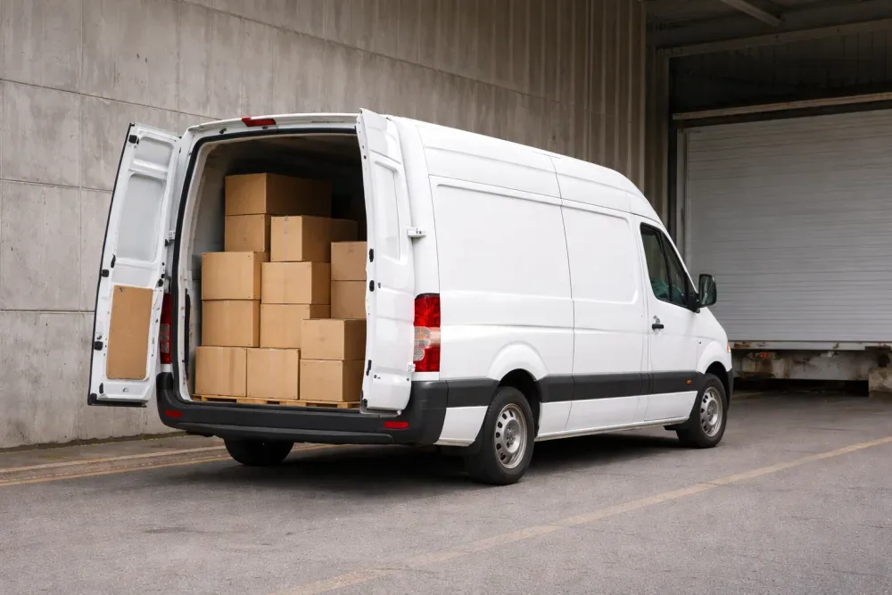 Open van loaded with moving boxes