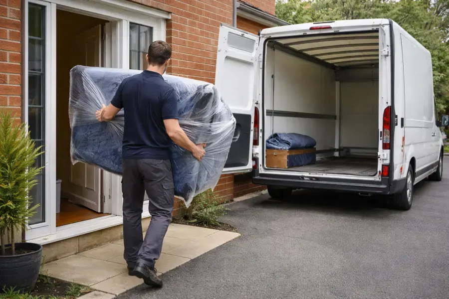 Mover carrying a box from a front door to a van