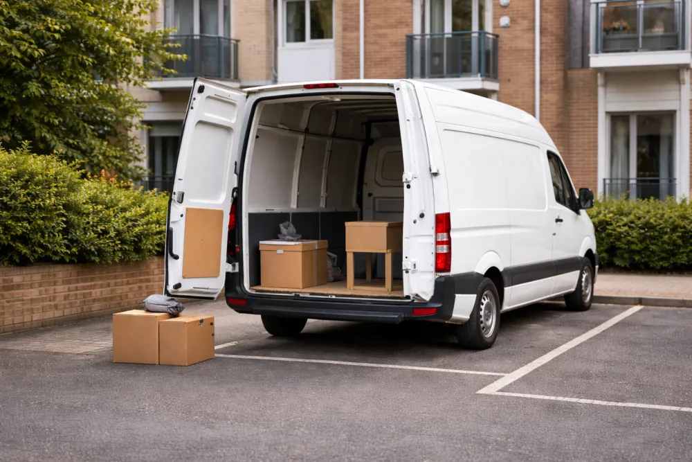A moving van with boxes outside a residential building